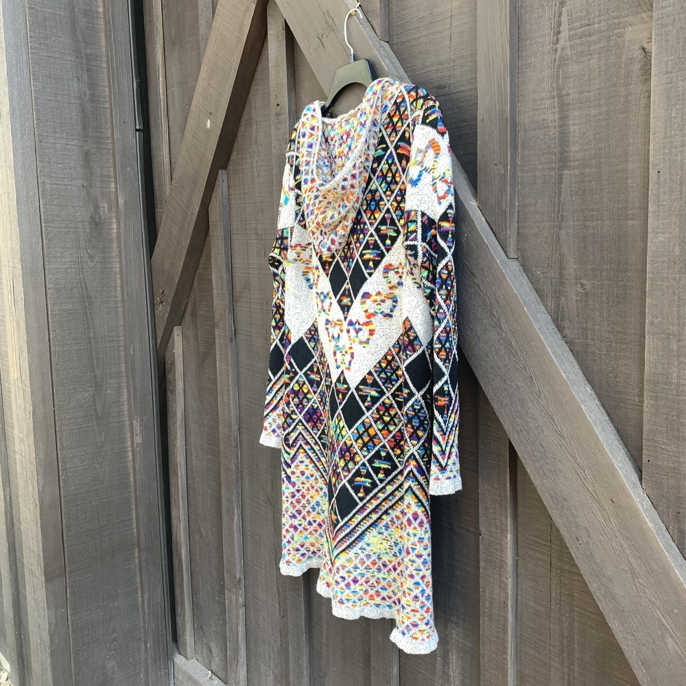 Boho Aztec Hooded Cardigan Sweater Open Front Long Knit Multicolor Size M - Picture 10 of 14